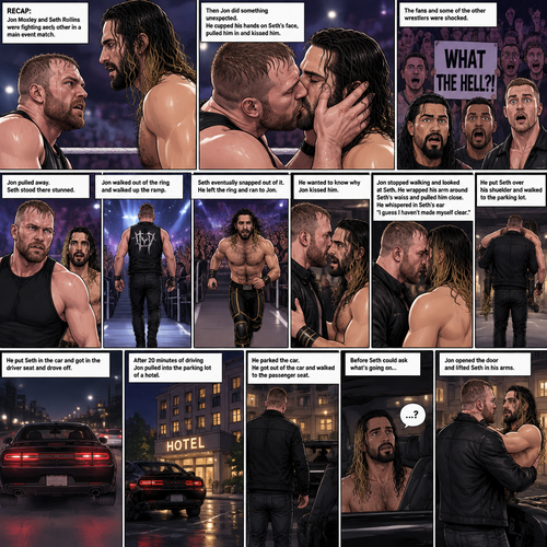 (Recap) Jon Moxley and Seth Rollins were fighting each other in a main event match against each other,Then Jon did something unexpected,He cupped his hands on Seth’s face,pulled him in and kissed him,the fans and some of the other wrestlers were shocked,Jon pulled away,Seth stood there stunned,Jon walked out of the ring and walked up the ramp,Seth eventually snapped out of it,he left the ring and ran to Jon,he wanted to know why Jon kissed him,Jon stopped walking and looked at Seth,He wrapped his arm around Seth’s waist and pulled him close,He whispered In Seth’s ear “I guess I haven’t made myself clear”,He put Seth over his shoulder and walked to the parking lot,He put Seth in the car and got in the driver seat and drove off. (And now part 2). After 20 minutes of driving Jon pulled into the parking lot of a hotel,He parked the car. He got out of the car and walked to the passenger seat. Before Seth could ask what’s going on Jon opened the door and lifted Seth in his arms