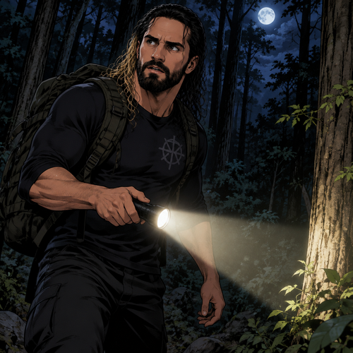 Seth Rollins was lost in the middle of the woods at night,The only this has right now is a backpack and a flashlight