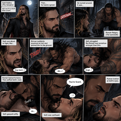 (Part 1 of the Werewolf x Vampire story). Seth Rollins (The Vampire) was out on a stroll after a hunt,Then…he heard a growl. He turned around, It was…Roman Reigns (The werewolf). Seth was about to fight,But Roman suddenly pounced on him and pinned him to the ground. Seth struggled But Roman was somehow stronger than him. Roman leaned forward,Then sniffed Seth’s neck. Seth gasped softly. “You’re Scent” Said Roman. Seth was confused. Roman looked at Seth’s eyes