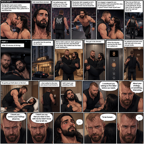 (Recap) Jon Moxley and Seth Rollins were fighting each other in a main event match against each other,Then Jon did something unexpected,He cupped his hands on Seth’s face,pulled him in and kissed him,the fans and some of the other wrestlers were shocked,Jon pulled away,Seth stood there stunned,Jon walked out of the ring and walked up the ramp,Seth eventually snapped out of it,he left the ring and ran to Jon,he wanted to know why Jon kissed him,Jon stopped walking and looked at Seth,He wrapped his arm around Seth’s waist and pulled him close,He whispered In Seth’s ear “I guess I haven’t made myself clear”,He put Seth over his shoulder and walked to the parking lot,He put Seth in the car and got in the driver seat and drove off. (And now part 2). After 20 minutes of driving Jon pulled into the parking lot of a hotel,He parked the car. He got out of the car and walked to the passenger seat. Before Seth could ask what’s going on Jon opened the door and lifted Seth in his arms,Then he walked into the hotel while holding Seth.He got in the elevator. When the elevator got to the 8th floor Jon walked out. He walked to his hotel room with Seth still in his arms,he got inside his hotel room. He gently put Seth down on the bed,Then he walked to the door and closed it and locked it. Seth’s heart was pounding a little. Jon slowly walked over to the bed. “I overheard you talking to Finn Bálor before our match” Jon said To Seth. “About your strategy….and something…interesting” Jon continued. “I heard you….confess your feelings about me” Jon continued. Seth blushed a little. “I heard you say that you were in love with me but didn’t know how to tell me” Said Jon. “To be honest…” Jon paused