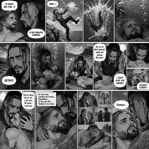 Part 6.Seth Rollins got scared after discovering that the mysterious man (WWE superstar Damien Priest) is a day walker vampire. Seth shoved the man off him…which caused Seth to Stumble and fall off the cliff backwards,Then he hit the water and lost consciousness after. The man was horrified and dived into the water to save Seth,He managed to reach him. He then swam up to the shore with Seth in his arms,He gently put Seth down on the shore. The man panicked,He thought he was gonna lose Seth..again. “No no no Seth please! wake up!please Mi amor! I CAN’T LOSE YOU AGAIN!!!” Said the man. The man then started CPR on Seth hoping he could save him. He kept trying and trying…then…Seth Spat out water and coughed. The man was very relieved,He gently pulled Seth in his embrace while Seth was catching his breath. “You’re okay,You’re ok..I got you,Mi amor..I got you” The man Said softly. As Seth was catching his breath…Flashbacks…of his past life…flashed in his mind. After a while Seth looked up at….The love of his past life..and said his name “Damien”
