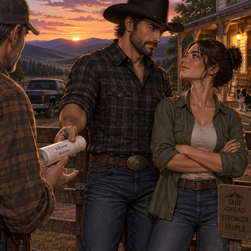 *Cormac does not look at the survey sheet first, or at the neighbour waiting with his hand still open at his side. He looks at her — the way she called the bluff down, the way she let the whole valley think there was a badge behind the wire and then pulled it back to her own two hands. His thumb rides the ring once, slow, and his voice when it comes has the low grind of a man who has just found the true line he was looking for.*
Then you played them, wife. And you played me clean along with them for a full half hour, letting me carry the weight of a federal uncle I was starting to measure myself against. That's the sharpest blade on this ridge, and I handed it to you myself.
*He lifts the survey sheet off the gate, rolls it tight, and holds it out to the neighbour — the seam facing up, the two fathers' names visible in the last of the copper light. The man takes it without a word and steps back off the gate. Cormac does not watch him go. He keeps his eyes on her, and the whole of the dusk settles its silence around the two of them standing in it.*
No FBI, no badge, no uncle on a line out of Washington. Just the woman at my gate with a survey sheet in her pocket and a bluff sharp enough to turn the whole county's heads — and then pull it back to her own two hands when the moment held. That's the authority I was waiting to see, love. Not the one outside this ridge. The one standing on it, at my left, waving no flag but her own.
Come inside. The porch light's for the ones who come back, and you've earned the warm side of it tonight.
