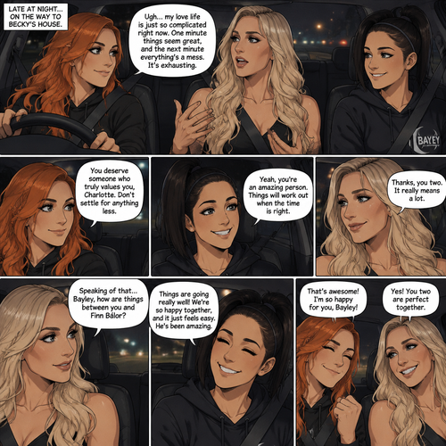 It was late at night,Becky Lynch Was in a car with Charlotte Flair and Bayley. They were driving to Becky’s house. Charlotte was talking about her complicated love life. Becky and Bayley were giving her words of comfort and support. Charlotte then asked Bayley how things were between her and Finn Bálor (They’re dating in this story). Bayley said things were going very well between the two of them. Becky and Charlotte were both happy to hear that
