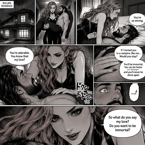 Part 3.Still is Seth Rollins’s house,Still raining outside,Becky Lynch was holding Seth Rollins in her arms,She walked to his bedroom while holding him.She gently put him down on the bed.He looked up at her while blushing. “You’re so strong” Said Seth.Becky simply smiled and got on top of him.Seth’s heart is beating loudly.Becky can hear it,She puts her hand on his chest to feel the heartbeat. “You’re adorable,You know that my love?” Said Becky.Seth was flustered after hearing that. “If I turned you in a vampire..like me…Would you stay?” Asked Becky. “You’ll be immortal,You can be faster and stronger…and you’ll never be alone again” Said Becky. Seth’s eyes widened and his breath hitched a little. “So what do you say my love? Do you want to be immortal?” Asked Becky