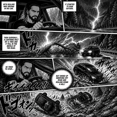 Seth Rollins was driving in his car,It started to rain outside.Then suddenly a lightning bolt hit a tree and it fell in the middle of the road.He Tried to stop…But ended up swerving off road and rolling down a hill