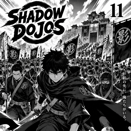 Army of people with a boy with black hair in front for volume 11 of shadow dojos