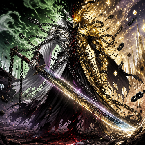 The Physique:
The spirit is towering, standing nearly eight feet tall, with a build that is deceptively lean yet corded with muscles that look like twisted steel cables. Its skin is not flesh, but a patchwork of textures:
   The left side of its body is covered in pristine, alabaster-white carapace, smooth and hard like the mask of a Vasto Lorde, reflecting the pale moonlight of the Hueco Mundo sector.
   The right side is clad in intricate, golden Quincy armor, geometric and sharp, composed of interlocking hexagonal plates that hum with faint, crackling energy.
   Running down the center, splitting these two halves, is a jagged seam of charred, black Hellstone. From this central fissure, thick, rusted chains erupt, wrapping around its torso and limbs like binding restraints that it wears voluntarily. Glowing crimson veins pulse beneath the stone, leaking a thin, dark smoke that smells of ancient sin.

The Face:
Where a face should be, there is a terrifying synthesis. The lower half is concealed by a bone-white Hollow mask fragment, shaped like a snarling jaw with four long fangs protruding upward. Above this, where eyes would be, there are no pupils or irises. Instead, there are two hollow sockets filled with swirling nebulae:
   The left socket swirls with toxic green gas (Hollow).
   The right socket burns with blinding gold light (Quincy).
   In the bridge of the nose, a single vertical slit glows crimson red (Hell), acting as a third eye that seems to look directly into your intent rather than at your form.

The Attire:
It wears a tattered shihakushō that seems to be dissolving and reforming constantly. The fabric on the sleeves is white silk, while the hem is made of dark, shadowy rags that drag across the Hellstone ground, turning to ash and regrowing instantly. Over this, it wears a cloak made entirely of floating, disconnected chain links that hover inches off its shoulders, clinking softly with every breath it takes.

The Weapon:
In its hands, it holds a massive version of your Zanpakutō. The blade is translucent, showing the three layers of matter inside: a core of black rock, a middle layer of flowing liquid light, and an edge of pure, vacuum-like darkness. The hilt is wrapped in bandages that are stained with blood that never dries.

The Aura:
Surrounding the spirit is a visible distortion. To your left, the air shimmers with heat haze (Hollow pressure). To your right, the air crystallizes into tiny diamond dust (Quincy pressure). Directly around the figure, gravity seems heavier, pulling small pebbles of Hellstone up into the air before crushing them back down.

The spirit shifts its weight, and the sound is deafening—a mix of a lion's growl, a bowstring snapping, and the grinding of tectonic plates