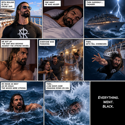 Seth Rollins is on a cruise ship,One night he was asleep,Then suddenly…thunder. He got up. The ship was rocking against the strong waves. Everyone was panicking,Then….Seth fell overboard. He swam as best as he could. The waves were strong,Then…A big wave came crashing down on him. Everything.Went.Black