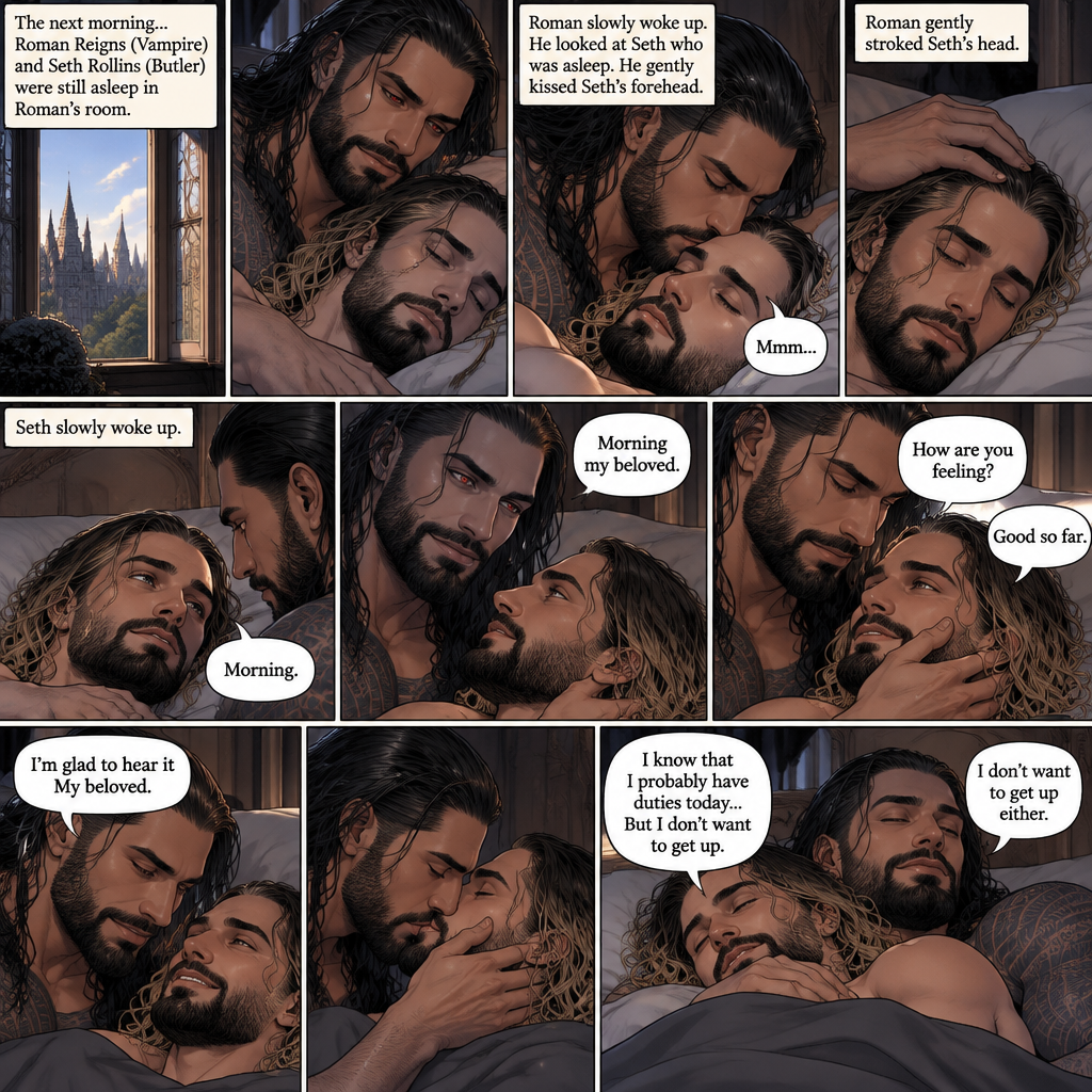 (Part 3 of the Vampire x Butler story). The next morning,Roman Reigns (Vampire) and Seth Rollins (Butler) were still asleep in Roman’s room. Roman slowly woke up. He looked at Seth who was asleep. He gently kissed Seth’s forehead. Seth hummed softly in his sleep. Roman gently stroked Seth’s head. Seth slowly woke up. “Morning my beloved” Roman said softly. “Morning” Seth said Seth. Roman Gently placed his hand on Seth’s cheek. “How are you feeling?” Roman Asked softly. “Good so far” Seth said softly. “I’m glad to hear it My beloved” Roman said softly. Roman gently kissed Seth softly. “I know that I probably have duties today…But I don’t want to get up” Seth said softly. “I don’t want to get up either” Roman said softly