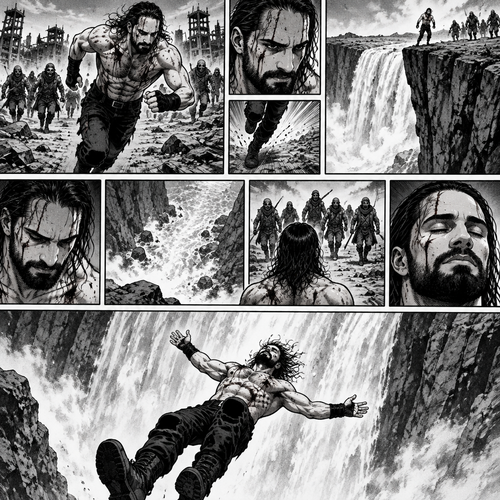 It’s a post apocalyptic world,Seth Rollins was on the run from bandits.He was badly injured but he kept running,running….then….He came across a cliff near a waterfall.The bandits were behind him,He slowly backed up till he was at the edge of the cliff.He looked at the bottom…and then he looked back at the bandits,They were slowly walking towards him.He knew he didn’t have a choice,He closed his eyes….and let himself fall backwards off the cliff and into the water