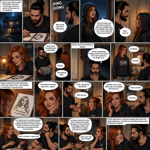 It was a rainy night outside,Seth Rollins was alone in his house,He drawing a picture of the moon on his notebook.Then the doorbell rang. “Who could that be in THIS hour?” Seth  asked himself. He got up and opened the door,A young Irish woman (Becky Lynch) was standing outside on his porch soaking wet from the rain wearing a hood. “Sorry to bother you this late at night sir,But my car broke down in the middle of the night,Can I come inside and borrow your phone?” Asked the woman.Seth looked at the woman,There was this…aura about her that he couldn’t quite explain.He decided to let her in. “Sure..come in” said Seth.The woman walked in and Seth shut the door.He walked out to his bedroom to get the woman some nice dry clothes to wear,The woman was waiting in the kitchen,She noticed the drawing on the table.She smiled.Seth came back and handed her the clothes. “Thanks” said the Woman. “No problem Miss” Said Seth.The woman went to the bathroom to change. “There’s something familiar about that woman,But I can’t quite put my finger on it” Seth said to himself.After a while she came out wearing the clothes.She sat down at the table with him.”I’m Becky” Said Becky. “I’m Seth” Said Seth.There was something between them,Pulling them together.”I’ll uh…go get you the phone” Seth said nervously .He gets up to get the phone from the living room.Becky looked at his other drawings while she waited,Then…She spotted a drawing of a young woman.The drawing was called “The woman in my dreams”.That woman….was Becky herself.She simply smiled to herself. “He’s been dreaming about me….good” Becky said to herself.Seth came back with the phone in his hand,He handed it to her.Becky used the phone to call a tow truck company and then a cab.After awhile she hung up the phone with a disappointed look on her face. “Neither a tow truck OR a cab are available till tomorrow” Said Becky.Seth had a sympathetic look on his face. “That’s a shame” Said Seth. “it sure is” Said Becky.They started chatting about their lives,Goals and dreams
