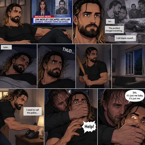 (Recap) Seth Rollins was at his house after a long day,A news report came on tv,The reporter said that Jon Moxley A.KA the Joker had escaped from the asylum that morning,Seth tensed up a bit,he and Jon used to date….then car accident happened witch messed up Jon’s mind,he started behaving erratically becoming the joker,he still loved Seth despite all that,then the cops came and took Jon away,Seth was devastated,he blamed himself ever since,he tried to move on but couldn’t. (And now part 2). Seth was asleep in his bed….then he was woken up by a noise coming from downstairs. He grabbed a bat and walked downstairs,when He got downstairs…he noticed…one of the windows in the living room was open. He got spooked. He ran to his home phone to call the police….but before he picked up the phone….someone grabbed him from behind. “Help!” Seth Yelled. The person covered Seth’s mouth. The person whispered In Seth’s ear “Shh,it’s just me baby,it’s just me”. Seth recognized that voice