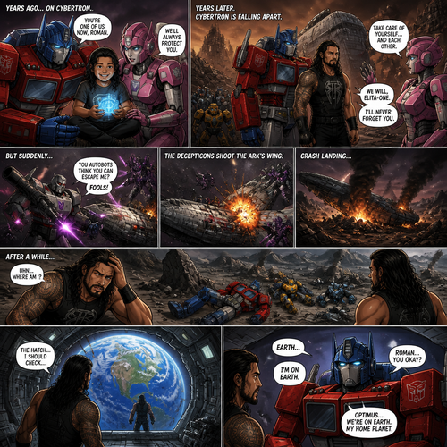 WWE Superstar Roman Reigns ends up on Cybertron as a child and ended up adopted by Optimus Prime and Elita-1.Years later Cybertron is falling apart,Elita-One stays behind while Roman,Optimus Prime and the other Autobots leave on the ark after an emotional goodbye.Then suddenly they get attacked by Megatron and the Decepticons.Then The Deceptions shoot the ark’s wing and Roman and Optimus and the other Autobots crash land on another planet.After A while Roman wake up and looks around and sees Optimus and the Autobots unconscious.Roman opens the Arks hatch and sees…That he’s on the one planet that he thought he would never return to…His home planet..Earth.Then Optimus wakes up.Roman explains to him that they’re on earth