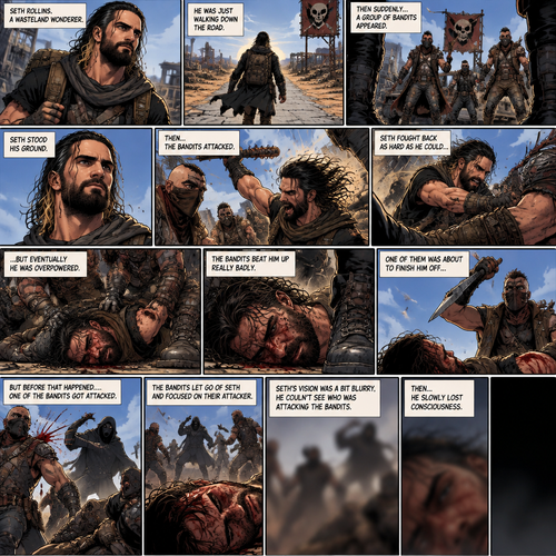 Seth Rollins is a wasteland wonderer,He was just walking down the road. Then suddenly….A group of bandits appeared. Seth stood his ground. Then….the bandits attacked and Seth fought back. He fought back as hard as he could…but eventually he was overpowered. The bandits beat him up really badly. One of them was about to finish him off…but before that happened…..One of the bandits got attacked. The bandits let go of the weakened and Injured Seth and focused on their attacker. Seth’s vision was a bit blurry,he couldn’t see who was attacking the bandits. Then…he slowly lost consciousness