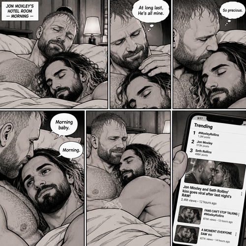 (Part 3). Still in Jon Moxley’s hotel room. Jon Moxley and Seth Rollins were asleep after last night’s activity. Jon slowly woke up,he looked down at Seth who was still asleep. Jon smiled,then he gently stroked Seth’s head. “At long last,He’s all mine” Jon thought to himself. He gently kissed Seth’s forehead. Seth hummed softly in his sleep. “So precious” Jon thought to himself. Seth slowly woke up. “Morning baby” Jon said softly. “Morning” Seth said softly. Jon gently pulled Seth closer to him. Jon picked up his phone. That kiss with Seth from last night went viral