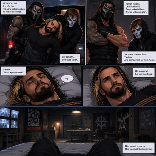 (Part 2 of an Ambrolleigns story) Seth Rollins was the son of a famous superhero who sacrificed himself for the world,He had just been kidnapped by two masked villains (Roman Reigns and Dean Ambrose). Seth was unconscious and tied up,Then he slowly woke up on some sort of bed. He looked at his surroundings