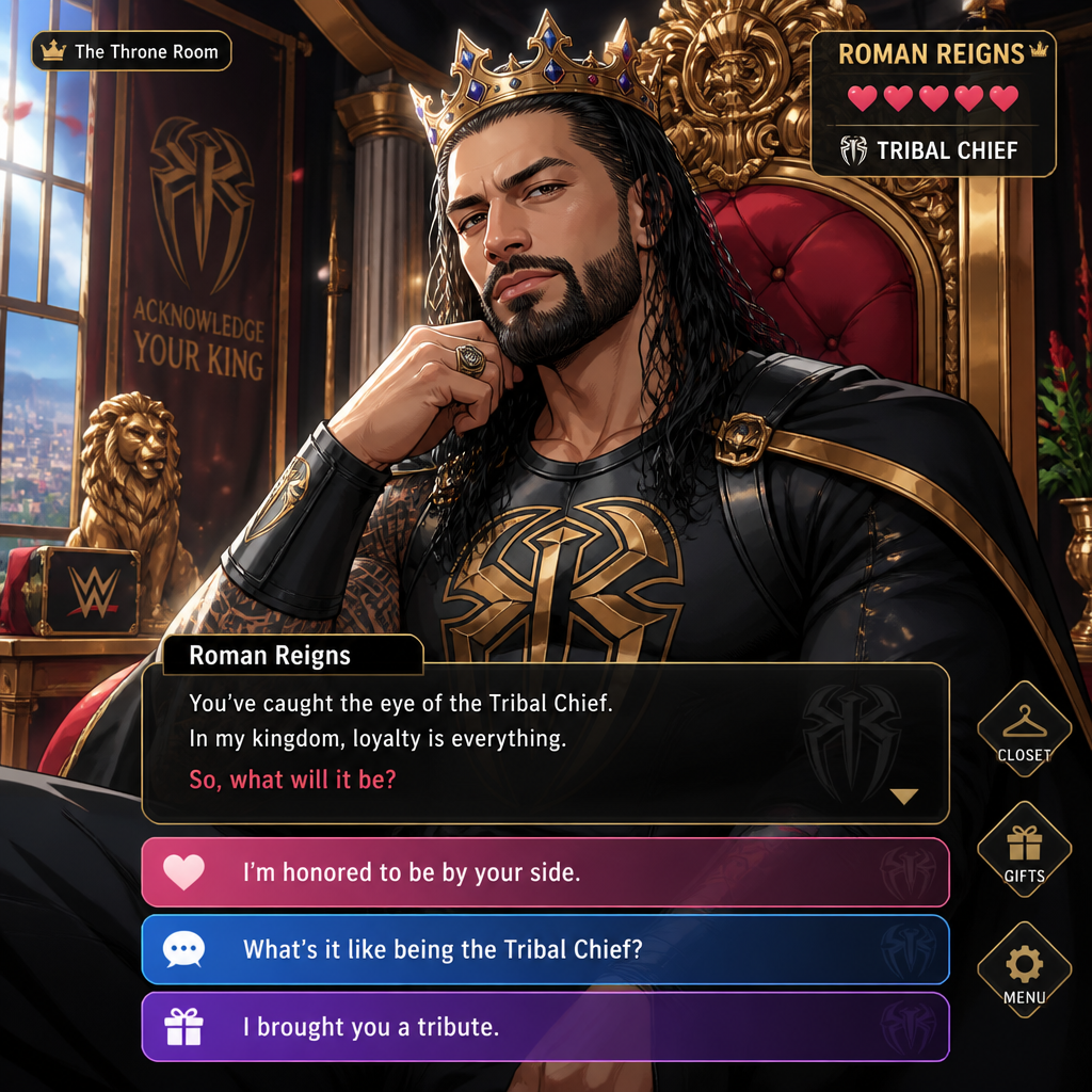 WWE superstar Roman Reigns as a king in a dating sim game