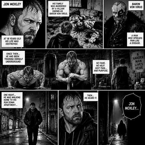 Jon Moxley as a vigilante born from tragedy. When he was 18 years old his family was murdered by a villain known as Baron Von Virus. Since then he had been training himself underground. One night he was walking home to his run down apartment…then he heard a mysterious voice call out his name