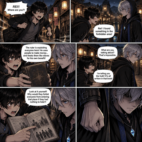 ABYSS — CHAPTER 1

Page 7 — The Truth

Panel 1 — Sora Returns in Panic

Sora runs through the village streets, breathing heavily, his black travel bag bouncing against his side. His messy jet-black hair is disheveled, his light-grey eyes wide with shock. He desperately searches for Rei among the lantern-lit streets.

Sora: “REI!! Where are you?!”

Panel 2 — He Finds Rei

Sora finally finds Rei standing near a wooden bridge. Rei has layered silver hair, cool blue-grey eyes, a black hooded cloak with subtle blue accents, dark clothing, and a blue crystal pendant hanging from a silver chain.

Sora rushes toward him, struggling to catch his breath.

Sora: “Rei! I found something in the forbidden area!”

Panel 3 — Sora Reveals the Truth

Sora grabs the book he discovered and holds it out toward Rei, his hands trembling.

Sora: “The ruler is exploiting everyone here! He uses people to make money… and treats them like slaves for his own benefit!”

Rei stares at Sora in disbelief.

Panel 4 — Rei Refuses to Believe It

Rei looks at the book but doesn’t take it. His expression is cold and doubtful.

Rei: “What are you talking about? That’s impossible.”

Sora: “I’m telling you the truth! It’s all written in that book!”

Rei turns away, unable to accept what Sora is saying.

Panel 5 — Sora Tries One Last Time

Sora opens the book and urgently points to the written records, looking straight at Rei.

Sora: “Look at it yourself! Why would they forbid everyone from entering that place if they had nothing to hide?!”

Rei pauses. His eyes shift toward the open book.

Panel 6 — The Final Panel: A Clenched Fist

Close-up of Rei’s hand slowly clenching into a tight fist beside his dark cloak. His fingers curl with growing anger. His blue crystal pendant catches the lantern light. His silver hair partially shadows his eyes, and his face is tense as the truth begins to sink in.

No dialogue. No narration. The entire final panel focuses on Rei’s clenched fist and the change in his expression.