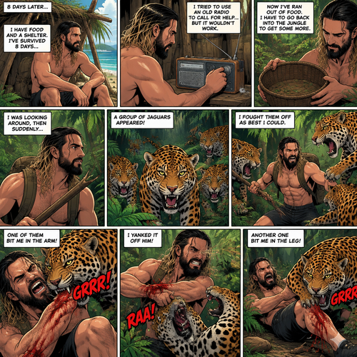 (Recap) Seth Rollins was on a cruise,then one night Thunder came,Seth got up from bed,The ship was rocking against the waves,Seth fell overboard,He swam as best he could,A wave crashed down on him,Everything went black,A few hours later,Seth woke up on shore,He was on an island,He has to figure out how to survive on the island. (And now part 2). It’s been 8 days since he ended up on the island. He has food and shelter. He tried to use an old radio to call for help but it wouldn’t work. He noticed he ran out of food,So he went back into the jungle to get some more. He was looking around,Then suddenly….A group of jaguars appeared! He fought them off as best he could. He got bit in the arm by one,He yanked it off him. Another one bit him in the leg