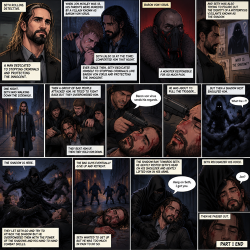 (Part 1 of the Vigilante x detective story). Seth Rollins is a detective. He and Jon Moxley had been friends for years. When Jon was 18 years old His parents were murdered by a villain known as Baron Von Virus. Seth (who was also 18 at the time) comforted him that night. Ever since then Seth dedicated himself to stopping criminals like Baron Von virus and protecting the innocent. He was also trying to figure out the identity of a mysterious Vigilante known as the shadow. One night he walking down the sidewalk,Then a group of bad people attacked him. He tried to fight back but they overpowered him. They beat him up,Then they hold him down. One of them points a gun at his head and says “Baron von virus sends his regards”. He was about to pull the trigger…but then a shadow myst engulfed him. The shadow is here. They let Seth go and try to attack the shadow but he overpowered them with the power of the shadows and his hand to hand combat skills. Seth wanted to get up but he was too much in pain to do so. The bad guys eventually give up and retreat. The shadow ran towards Seth. He gently rested Seth’s head on his shoulder and gently lifted him in his arms. He started walking. “Hang on Seth,I got you” The shadow said softly. Seth recognized his voice. “Jon?” Seth asked weakly. Then he passed out. (End of part 1)