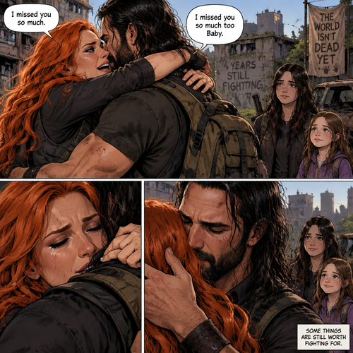 (Part 3)It’s a zombie apocalypse,It’s been that way for 6 years,Becky lynch And Seth Rollins are having an emotional reunion with Raven (A teenage girl) and Sophia (A little girl) watching. “I missed you so much” Said Becky. “I missed you so much too Baby” Said Seth