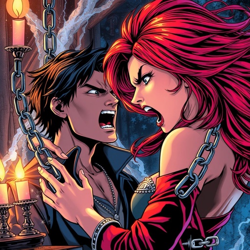 20 year old red haired maya screaming at 19 year old dark haired David with some enchanted chains that dampens his powers surrounded by candles 