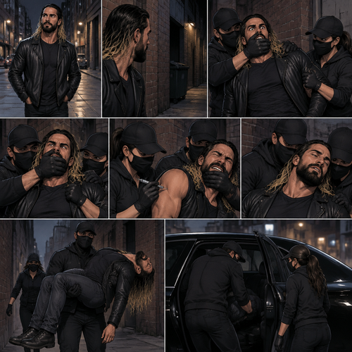 Seth Rollins was walking alone at night,Then…as he walked past an alley…A man and a woman in masks grabbed him.They dragged him to the alleyway,Seth struggled.The masked man covered Seth’s mouth before he could call for help.Seeing that Seth was still struggling The masked woman injected a sedative into his body,despite his best efforts to resist it Seth slowly drifted in unconsciousness.The masked man then carried Seth to his car with the masked Woman following behind