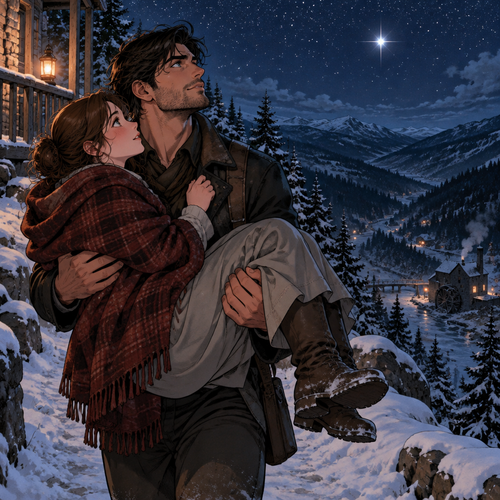 and I never once minded the cold. Then you came up the road and made me mind everything I used to have to keep to myself. So hear me plain, because it won't be said twice.
I'm not carrying you up this track as a favour.
I'm carrying you up because the ground's already been walked by one set of boots long enough, and it's your turn to feel it warm for a change.
He starts up the west track without another word, boots finding the packed snow the way they have a thousand nights, but this time the lamp stays behind on the porch rail and her weight is warm against his chest. At the first bend where the valley drops away, he stops, and looks up at the sky where the mill house star is already burning bright.
That one, love. The one over the mill. I've been saying goodnight to it for nine winters, and I named it to myself the spring you came up the road. It's called Your Name. That's the whole of it. I didn't know how else to tell a star who I was waiting on.
He holds her there at the bend, the cold air lifting past them, the valley dark below, and the star bright overhead, waiting on an answer.
Tap blank area to return