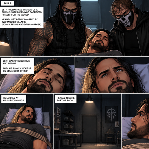 (Part 2 of an Ambrolleigns story) Seth Rollins was the son of a famous superhero who sacrificed himself for the world,He had just been kidnapped by two masked villains (Roman Reigns and Dean Ambrose). Seth was unconscious and tied up,Then he slowly woke up on some sort of bed. He looked at his surroundings,He was in some sort of room