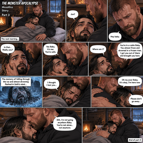 (The monster apocalypse/Moxollins story part 3). The next morning,Seth Rollins was Still unconscious on the bed in the cabin with the blanket wrapped around him to keep him warm. Jon Moxley had been watching over him Still holding him in his arms. Then Seth slowly regained consciousness,The first thing he sees is Jon looking down at him,Then he spoke softly “Jon?”. “Hey baby” Jon said softly. “Is that…Really you?” Seth asked softly. Jon gently stroked Seth’s cheek. “Yes Baby,It’s me,You’re safe” Jon said softly. “Where am I?” Seth asked softly. “You’re in a cabin Baby,You almost froze and drowned in a frozen river,I got you out of there and brought you here” Jon said Softly. The memory of fall through the ice and almost drowning in the freezing water flashed in Seth’s mind. Jon gently hugged him. Then…Seth started crying. Jon gently rubbed his back. “I thought I lost you” Seth said while crying. “Oh my poor Baby,It’s okay,I’m here now” Jon said softly. He gently kissed Seth’s forehead. “Please don’t go away” Seth said through his tears. “Shh,I’m not going anywhere Baby,You’re not alone…not anymore” Jon said softly. (End of part 3)