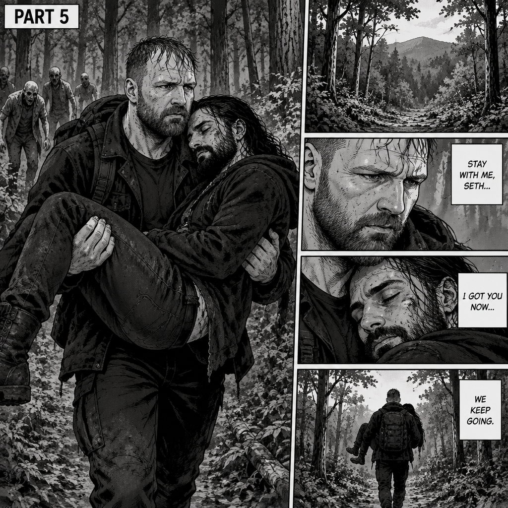 (Part 5). Still in the zombie apocalypse. Jon Moxley was walking in the woods while Holding Seth Rollins in his arms after their emotional reunion near the river