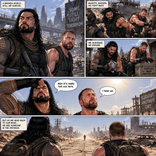 It’s a post apocalyptic world,Roman Reigns and Jon Moxley were side by side surviving the apocalypse together.They fought Bandits and raiders and scavenged for supplies.One day it was really hot outside. “Man it’s really hot out here” Said Roman. “I hear ya” Said Jon.They were about to head back to their base…then they see a person in the distance