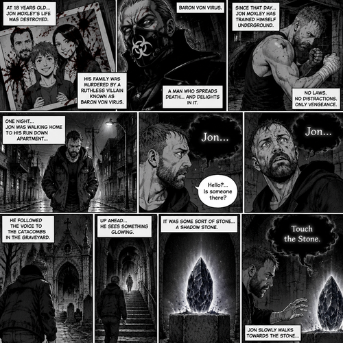 Jon Moxley as a vigilante born from tragedy. When he was 18 years old his family was murdered by a villain known as Baron Von Virus. Since then he had been training himself underground. One night he was walking home to his run down apartment…then he heard a mysterious voice call out his name. “Hello?…Is someone there?” Jon asked. It called out his name again. He followed the voice to the catacombs in the graveyard. Up ahead…He sees something glowing. It was some sort of stone…a shadow stone. Then the voice repeats “Touch the Stone”. Jon slowly walks towards the stone