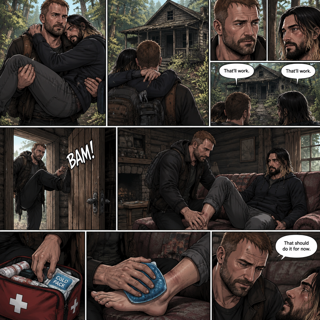 (Part 5). Still in the zombie apocalypse. Jon Moxley was walking in the woods while Holding Seth Rollins in his arms after emotional reunion near the river. Seth was resting his head on Jon’s shoulder while holding on. Jon looked ahead and he sees an abandoned Cabin. Seth Sees it too. Jon and Seth looked at each other,Then they looked back at the cabin. “That’ll work” Jon and Seth said in unison. Jon walked to the cabin,Then he kicked the door open and walked inside. He gently put Seth down on the couch. He reached into his bag and pulled out a first aid kit,He gently lifted Seth’s sprained ankle,He grabbed an ice pack from the first aid kit and gently puts it on Seth’s ankle. “That should do it for now” said Jon