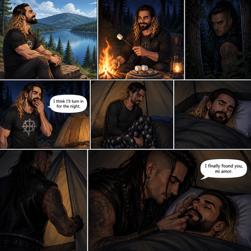 Seth Rollins was camping in the woods,he was enjoying the view of the lake and enjoying the fresh air,Hours later nighttime came,He was making s’mores at the campfire.He was enjoying himself…but…little did he know…that something…or someONE was watching him.Seth eventually got tired and yawned. “I think I’ll turn in for the night” said Seth.He went inside his tent,put pajamas on,got in his sleeping bag and went to sleep,Soon enough…Seth was deep asleep.The mysterious figure (Damien Priest) quietly walked to Seth’s tent,He opened the tent quietly.He looked at Seth,He quietly got inside the tent.He gently caressed Seth’s cheek. “I finally found you,mi amor” The man said softly and quietly