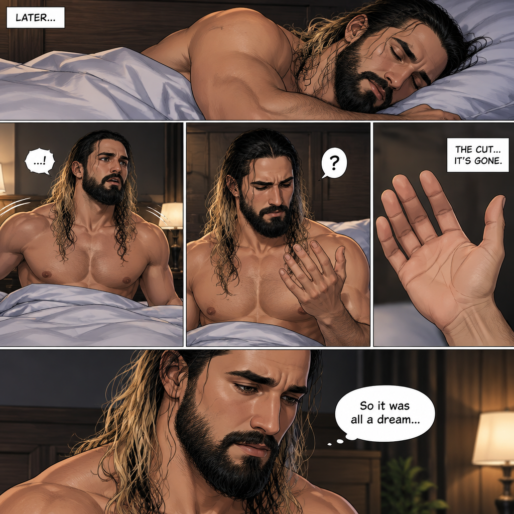 (Recap) Seth Rollins Was walking in the forest near his house,he discovered a statue of a sorcerer (Roman Reigns),he finds a hole on it,then he accidentally cuts his hand,A little bit of his blood dripped in the hole,then it broke apart…revealing the sorcerer himself,Seth was shocked,the sorcerer grabbed Seth’s wrist and pulled him closer,He looked at Seth’s eyes,then he used a spell to make Seth sleep,then he lifted Seth in his arms. (And now part 2). Seth was asleep on his bed,then he woke up. He sat up confused. He looked at his hand…the cut was gone. “So it was all a dream” Seth said to himself