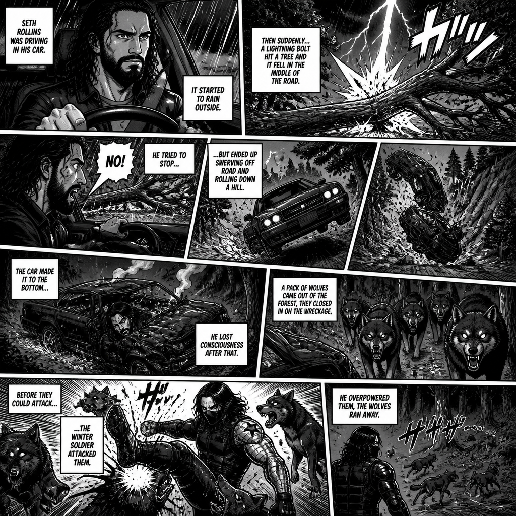 Seth Rollins was driving in his car,It started to rain outside.Then suddenly a lightning bolt hit a tree and it fell in the middle of the road.He Tried to stop…But ended up swerving off road and rolling down a hill.The car made it to the bottom,He lost consciousness after that.A pack of wolves came out of the forest,They closed in on the wreckage,Before they could attack…the winter soldier attacked them.He overpowered them,The wolves ran away.