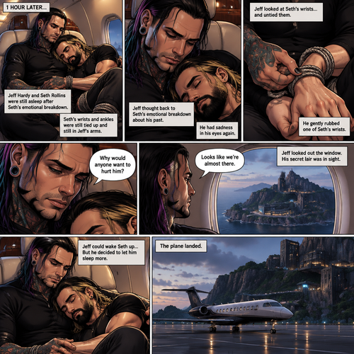 (Part 4). Still on the private plane. 1 hour had passed. The nefarious Jeff Hardy and Seth Rollins (A secret agent) were still asleep after Seth’s emotional breakdown. Seth’s wrists and ankles were still tied up and still in Jeff’s arms. Jeff woke up,He looked down at Seth who was still asleep. He thought back to Seth’s emotional breakdown About his past. Jeff had sadness in his eyes again,He looked at Seth’s wrists…and untied them. He gently rubbed one of Seth’s wrists. “Why would anyone want to hurt him?” Jeff quietly asked himself. Jeff looked out the window,His secret lair was in sight. “Looks like we’re almost there” Jeff said to himself. Jeff could wake Seth up….But he decided to let him sleep more. The plane landed