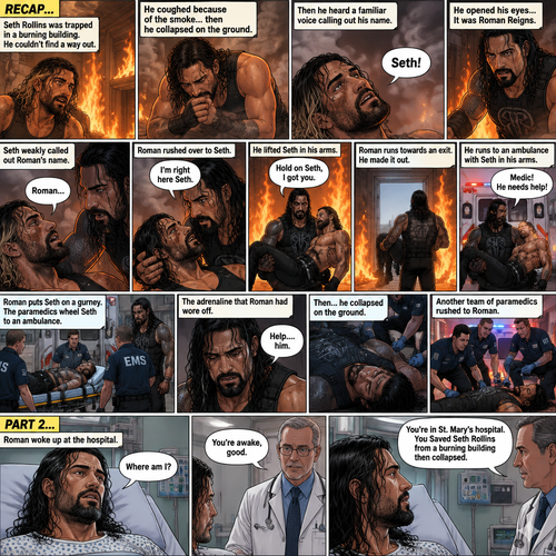 (Recap) Seth Rollins was trapped in a burning building,he couldn’t find a way out,he coughed because of the smoke,he collapsed on the ground,then he heard a familiar voice calling out his name,He opened his eyes,it was Roman Reigns,Seth weakly called out Roman’s name,Roman Rushed over to Seth,”I’m right here Seth” said Roman,he lifted Seth in his arms,”Hold on Seth,I got you” Roman said to Seth”,Roman runs towards an exit,he made it out,He runs to an ambulance with Seth in his arms,”Medic! He needs help!” Roman yelled,he puts Seth on a gurney,the paramedics wheel Seth to an ambulance,the adrenaline that Roman had wore off,”Help….him” said Roman,then….he collapsed on the ground,another team of paramedics rushed to Roman. (And now part 2). Roman woke up at the hospital. A doctor walked in. “You’re awake,good” said the doctor. “Where am I?” Roman asked. “You’re in st. Mary’s hospital,You Saved Seth Rollins from a burning building then collapsed” said the doctor