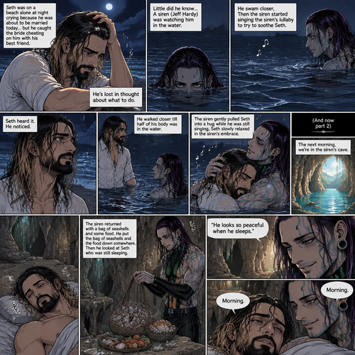 (Recap)Seth Rollins was on a beach alone at night crying because He was about to be married today….but he caught the bride cheating on him with his best friend,He’s lost in thought about what to do,Little did he know…..A siren (Jeff Hardy) was watching him in the water,he swam closer,Then the siren started singing the siren’s lullaby to try to Soothe Seth,Seth heard it,He noticed. He walked closer till half of his body was in the water,The siren gently pulled Seth into a hug while he was still singing,Seth slowly relaxed in the siren’s embrace. (And now part 2) The next morning,we’re in the siren’s cave,Seth was asleep in some sort of makeshift bed. The siren returned with a bag of seashells and some food. He put the bag of seashells and the food down somewhere,Then he looked at Seth who was still sleeping. “He looks so peaceful when he sleeps” Said the siren. Then Seth slowly woke up. “Morning” The Siren said softly. “Morning” Seth said in a sleepy tone