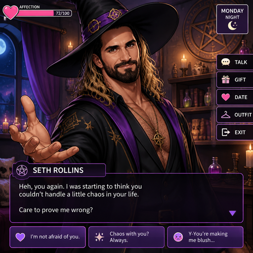 WWE superstar Seth Rollins as a Witch in a dating sim game