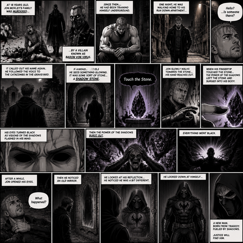 Jon Moxley as a vigilante born from tragedy. When he was 18 years old his family was murdered by a villain known as Baron Von Virus. Since then he had been training himself underground. One night he was walking home to his run down apartment…then he heard a mysterious voice call out his name. “Hello?…Is someone there?” Jon asked. It called out his name again. He followed the voice to the catacombs in the graveyard. Up ahead…He sees something glowing. It was some sort of stone…a shadow stone. Then the voice repeats “Touch the Stone”. Jon slowly walks towards the stone,His hand reaches out. When his fingertip touched the stone…the power of the shadows left the stone and surged into His body. His eyes turned black as visions of the shadows flashed in his mind. Then the power of the shadows burst out. Everything went black. After a while,Jon opened his eyes. “What happened?” Jon asked himself. Then he noticed an old mirror. He looked at his reflection…he noticed he was a bit different. He was wearing some sort of black vigilante suit with a shadow symbol in the middle and hood over his head and he was wearing a mask on his face. He looked down at himself