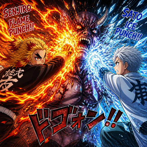 Senjiro hits the demon with a flaming punch and. Sato an ice punch 