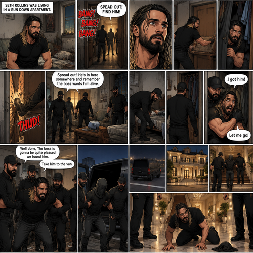 Seth Rollins was living in a run down apartment,Then he heard loud banging from the lobby,Then he heard a man shouting. “SPEAD OUT! FIND HIM!” Said the voice.Seth got spooked,He barricaded the door and hid in his closet.There were sounds of doors being kicked outside,Then the sounds of footsteps approached Seth’s apartment door,The door was kicked open. “Spread out! He’s in here somewhere and remember the boss wants him alive” said a voice. They looked around the apartment.Seth keeps quiet.One of them looked in Seth’s room,He looked under the bed,Then….He walked to the closet.Seth’s heart was beating loudly.The man…opened the door,Spotted Seth and grabbed him before Seth could do anything. “I got him!” Said the man.Seth Struggled.The others walked in the bedroom. “Let me go!” Seth yelled. “Well done,The boss is gonna be quite pleased we found him” Said the man. “Take him to the van”The man commanded. They put a hood over Seth’s head and dragged him to a black van.They get in afterwards,one of them drives the van.After a while they arrive at a fancy mansion,They get out and Drag Seth to it.They went inside,They drop Seth on the middle of the floor and removed the hood