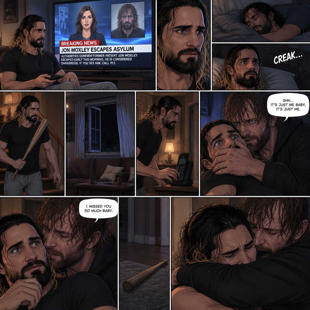 (Recap) Seth Rollins was at his house after a long day,A news report came on tv,The reporter said that Jon Moxley A.KA the Joker had escaped from the asylum that morning,Seth tensed up a bit,he and Jon used to date….then car accident happened witch messed up Jon’s mind,he started behaving erratically becoming the joker,he still loved Seth despite all that,then the cops came and took Jon away,Seth was devastated,he blamed himself ever since,he tried to move on but couldn’t. (And now part 2). Seth was asleep in his bed….then he was woken up by a noise coming from downstairs. He grabbed a bat and walked downstairs,when He got downstairs…he noticed…one of the windows in the living room was open. He got spooked. He ran to his home phone to call the police….but before he picked up the phone….someone grabbed him from behind. “Help!” Seth yelled. The person covered Seth’s mouth. Then he whispered in Seth’s ear “shh,it’s just me baby,it’s just me”. Seth recognized the voice….It was Jon. He removed his hand from Seth’s mouth. He wrapped his arms around Seth. “I missed you so much baby” Jon said Softly. Seth dropped the bat,Then tears rolled down his face