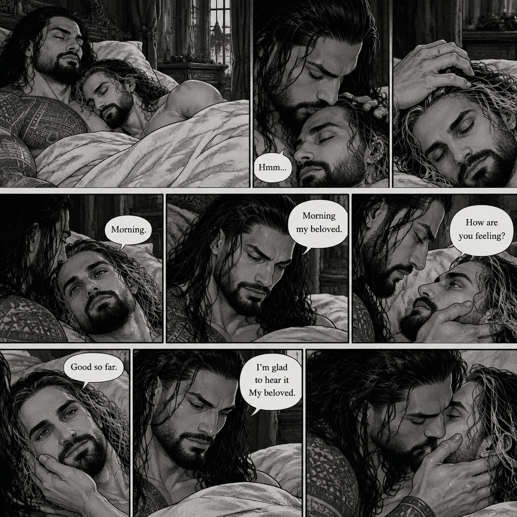 (Part 3 of the Vampire x Butler story). The next morning,Roman Reigns (Vampire) and Seth Rollins (Butler) were still asleep in Roman’s room. Roman slowly woke up. He looked at Seth who was asleep. He gently kissed Seth’s forehead. Seth hummed softly in his sleep. Roman gently stroked Seth’s head. Seth slowly woke up. “Morning my beloved” Roman said softly. “Morning” Seth said Seth. Roman Gently placed his hand on Seth’s cheek. “How are you feeling?” Roman Asked softly. “Good so far” Seth said softly. “I’m glad to hear it My beloved” Roman said softly. Roman gently kissed Seth softly
