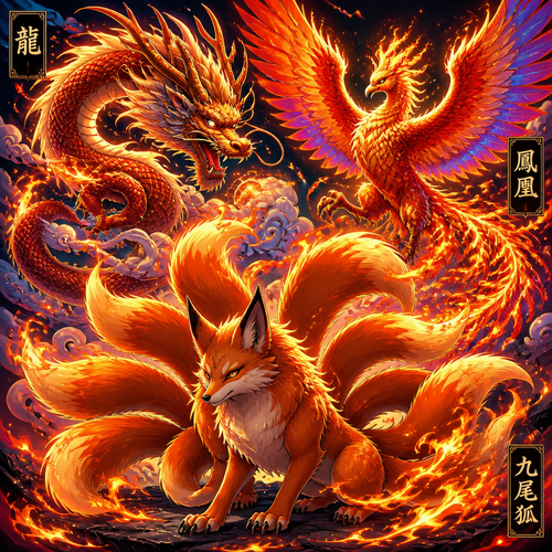 Nine tail fox loung dragon,Phoenix  