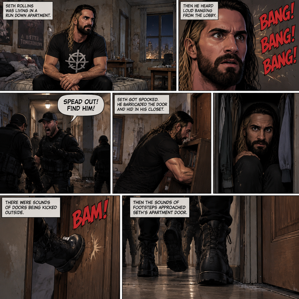 Seth Rollins was living in a run down apartment,Then he heard loud banging from the lobby,Then he heard a man shouting. “SPEAD OUT! FIND HIM!” Said the voice.Seth got spooked,He barricaded the door and hid in his closet.There were sounds of doors being kicked outside,Then the sounds of footsteps approached Seth’s apartment door