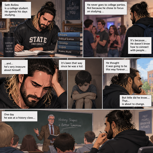 Seth Rollins is a college student. He spends his days studying,He never goes to college parties. Not because he chose to focus on studying….It’s because…He doesn’t know how to connect with people…and…he’s very insecure about himself. It’s been that way since he was a kid. He thought it was going to be this way forever….But little did he know….That…is about to change. One day he was at a history class